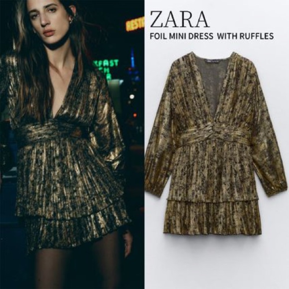 ZARA RUFFLED FOIL MINI DRESS
